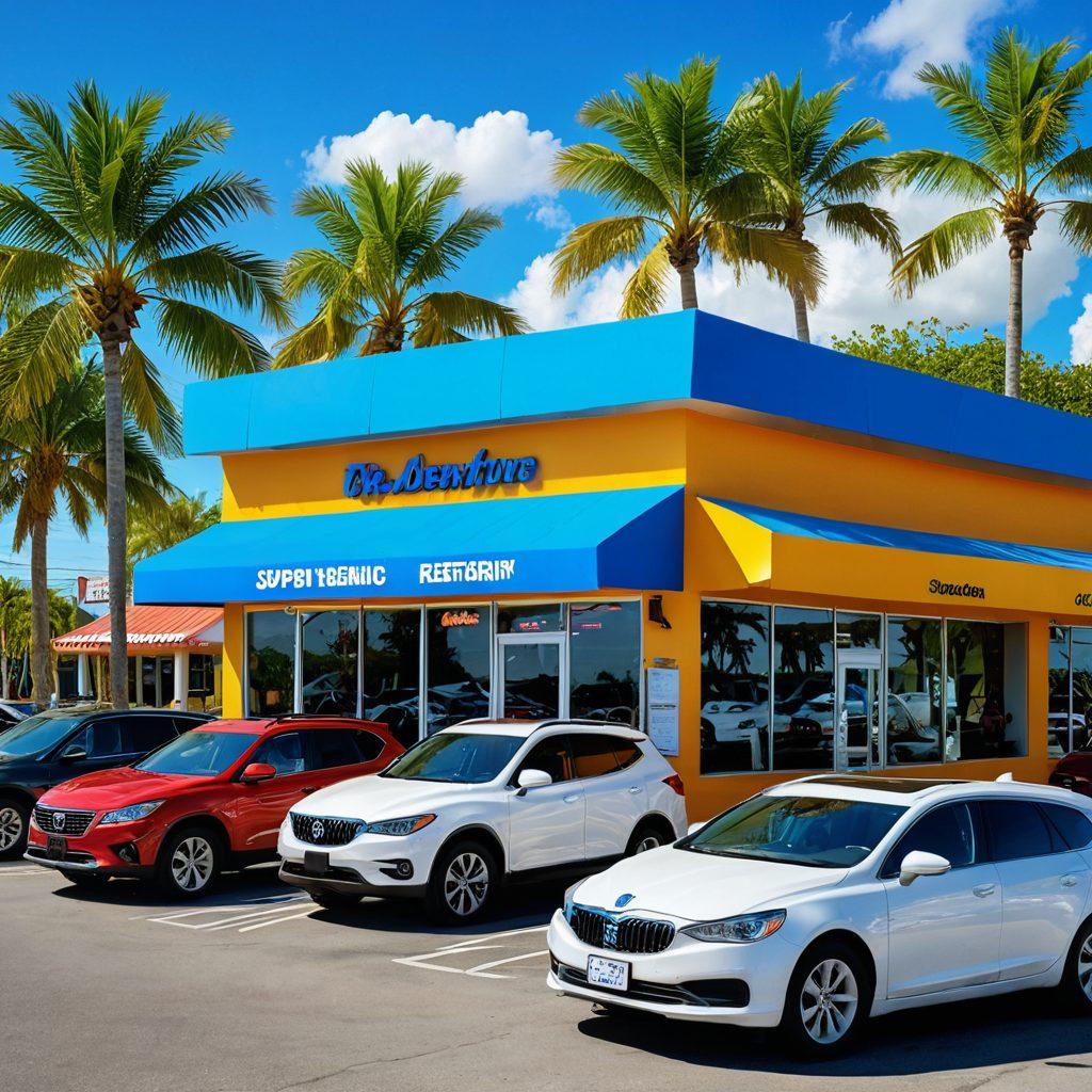 An inviting scene of a sunlit car rental office filled with diverse vehicles including compact cars, SUVs, and hybrids, showcasing affordability and variety. Include happy customers discussing options with a friendly rental agent, and colorful signage highlighting special offers. The background features a bright blue sky and palm trees, symbolizing adventure and travel. super-realistic. vibrant colors. 3D.