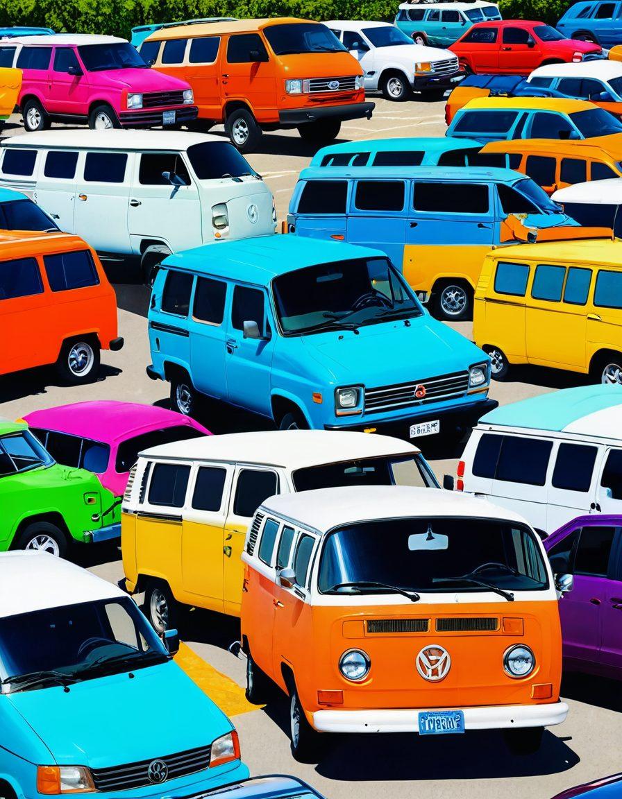 A vibrant scene featuring a diverse group of travelers exploring a bustling vehicle rental lot filled with various types of vehicles, from economy cars to camper vans, against a backdrop of popular travel destinations. Include price tags showing affordability and smiles on the travelers' faces, highlighting the joy of exploration. Bright colors and a sunny atmosphere to evoke a sense of adventure. super-realistic. vibrant colors. clear blue sky.