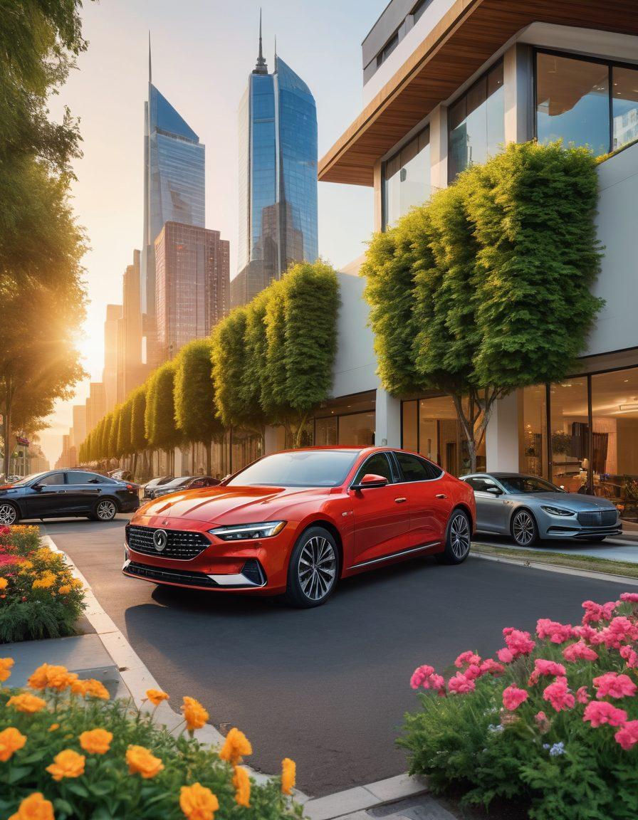 A vibrant split scene showcasing two contrasting car rental options: a sleek luxury car parked in an opulent setting with a city skyline at sunset, and a practical economy car in a more casual environment like a suburban street with blooming flowers. Include elements that represent savings and deals, such as price tags and discount symbols floating around. super-realistic. vibrant colors. dramatic lighting.